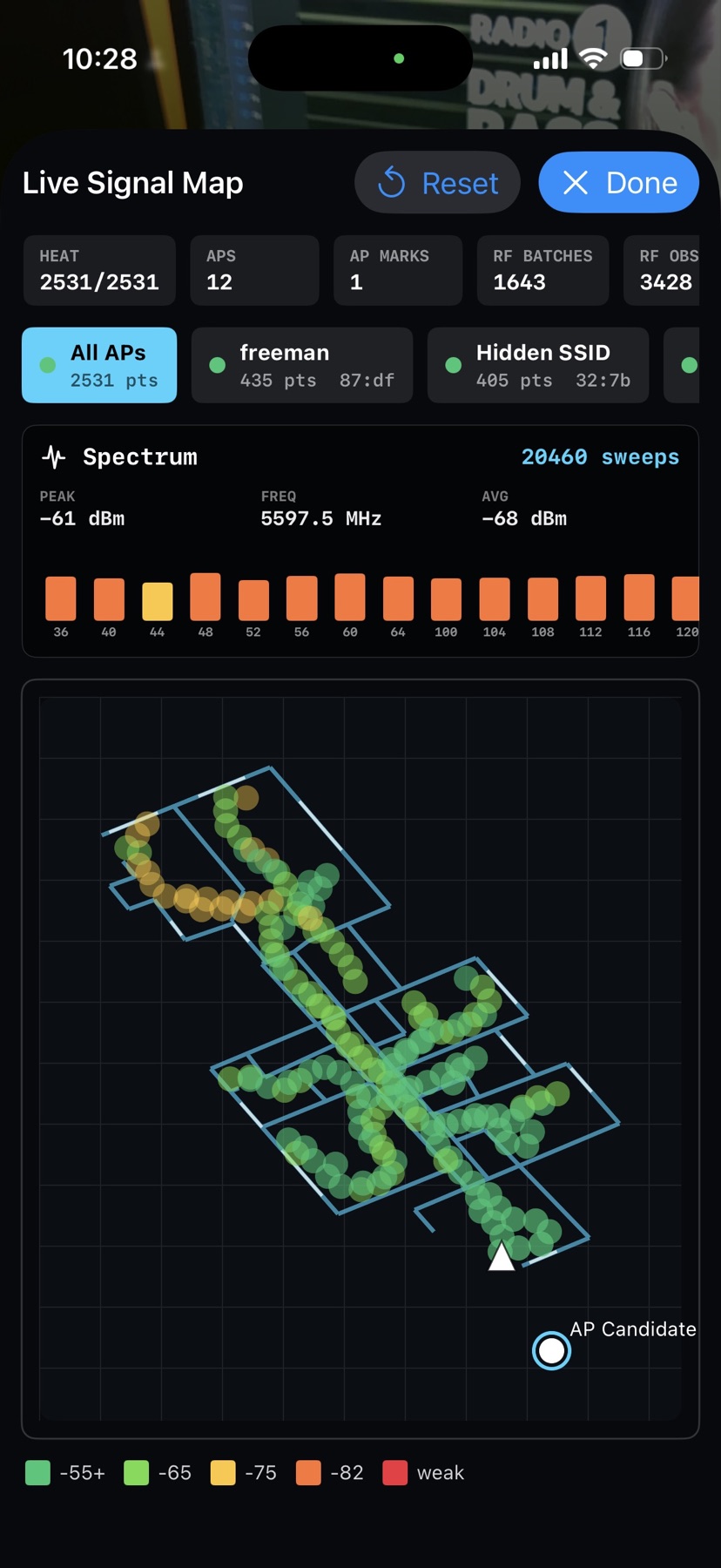 FieldSurvey iOS Live Signal Map with a floorplan overlay, AP chips, RSSI heat points, and a HackRF spectrum bar