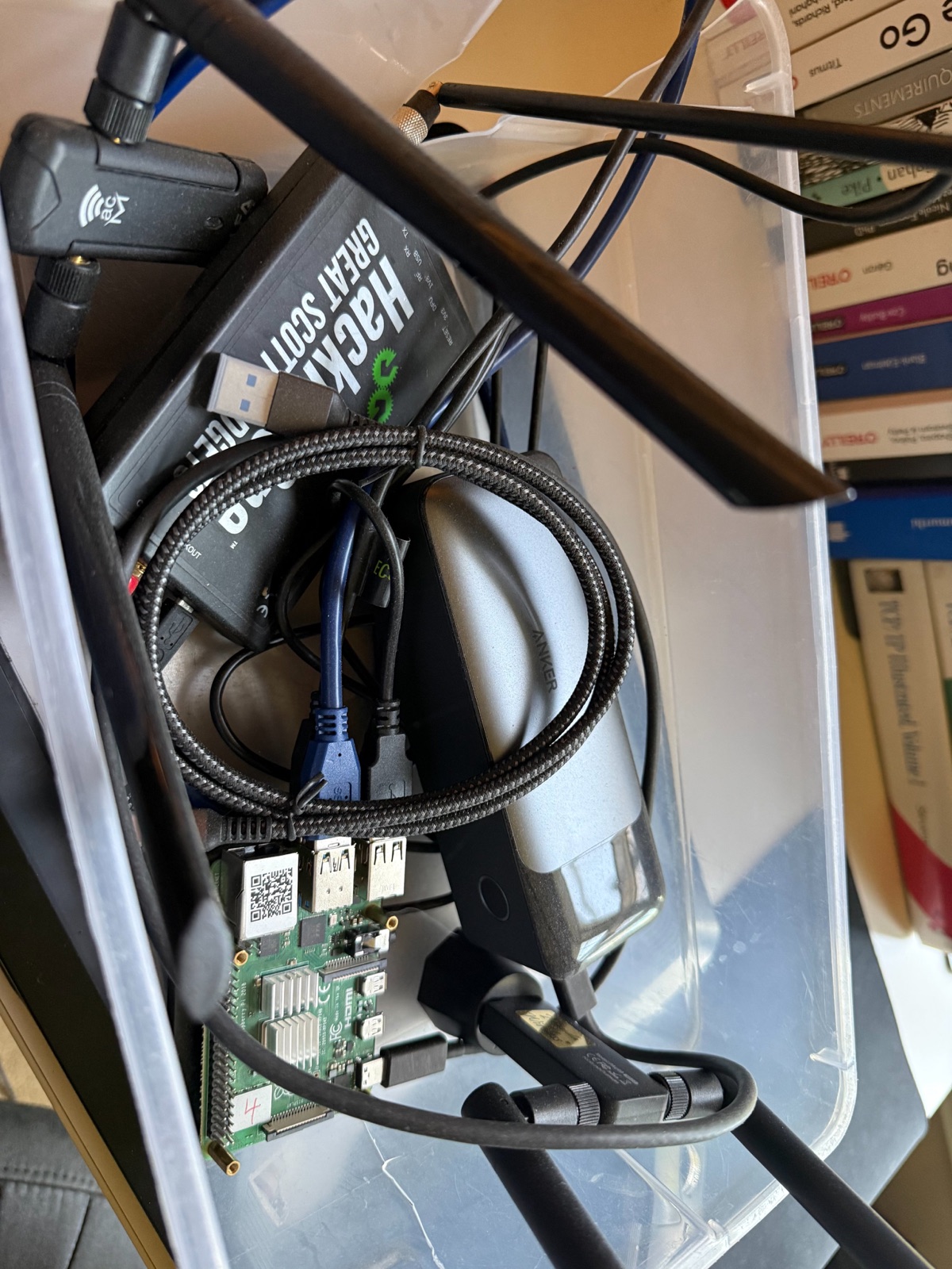 Raspberry Pi 4, Anker 140W power bank, HackRF One, and USB Wi-Fi adapters as FieldSurvey Sidekick internals