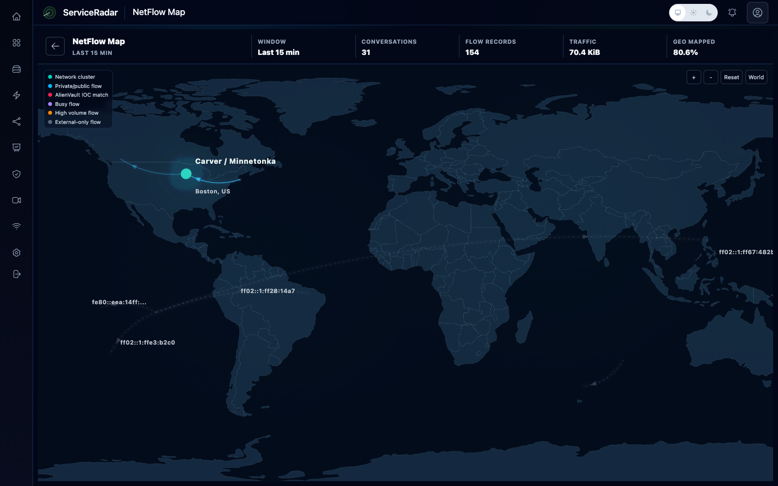 ServiceRadar NetFlow map showing traffic paths and flow context