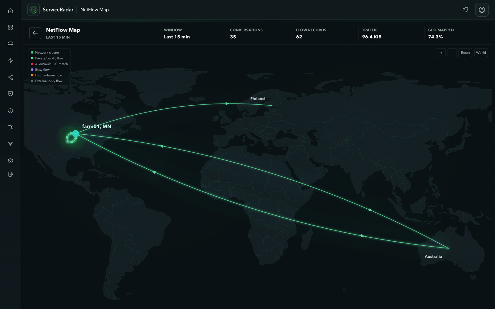 ServiceRadar NetFlow map showing traffic paths and flow context